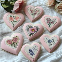 Poster - Heart-shaped boxes with floral designs arranged on a soft surface.