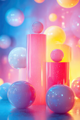 Poster - Vibrant abstract art with colorful spheres and glowing cylindrical shapes in a dreamy, ethereal setting. Perfect for modern and creative design concepts.