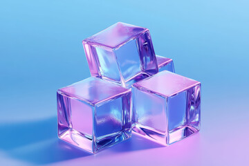Poster - Four iridescent ice cubes stacked artistically on a reflective surface, showcasing vibrant hues of pink and blue in a modern, creative display.