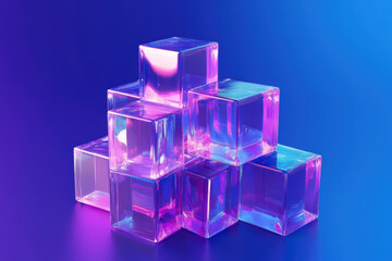 Poster - A vibrant stack of transparent, glowing cubes displayed against a gradient blue-purple background, creating a modern and futuristic look.