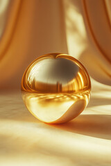 Poster - Golden glass sphere on soft fabric background, capturing reflections and shadows in warm, ambient lighting, creating a serene, elegant atmosphere