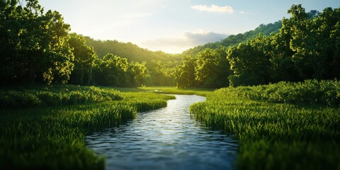 Aufkleber - A serene landscape featuring a winding river, lush green grass, and vibrant trees illuminated by soft sunlight in the background.