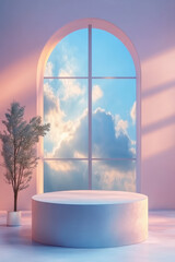 Poster - Minimalistic interior with round platform, large arched window, and serene sky view. Soft pastel colors create a calming atmosphere.