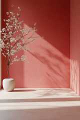 Poster - A minimalistic scene with a delicate vase holding white blossoms casting shadows against a bold terra cotta wall, illuminated by soft natural light.