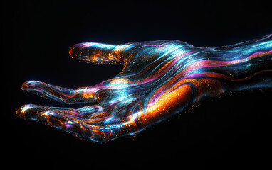 Poster - a digitally created image of a hand covered in vibrant, swirling colors against a dark background, e
