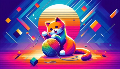 A vector art of a cat happily playing with a ball of yarn, vibrant colors and minimalist background