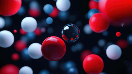 Poster - Vibrant red, white, and black spheres floating in a dark space, creating a dynamic and abstract pattern with a captivating sense of depth and motion.