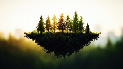 Poster - A surreal depiction of a floating island with lush trees bathed in soft sunlight, representing nature's beauty and tranquility.