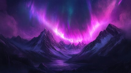 a breathtaking view of a mountain landscape illuminated by a vibrant purple aurora in a starry night