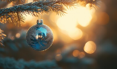 Poster - A blue ornament hangs from a tree branch