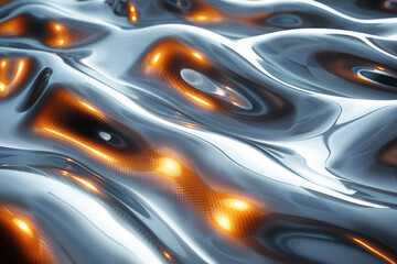 Sticker - An abstract design with flowing liquid metal waves, silver and gold hues reflecting soft light,