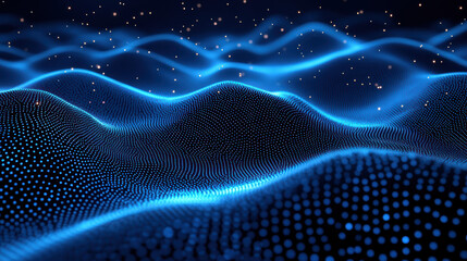 Poster - abstract digital landscape with glowing blue dots forming wavy patterns, representing a futuristic t