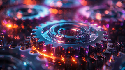 Aufkleber - A 3D element with interlocking gears made of polished metal and glass,