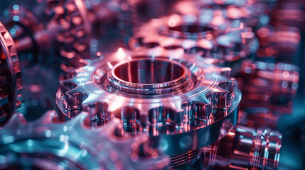 Aufkleber - A 3D element with interlocking gears made of polished metal and glass,
