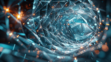 Poster - A 3D geometric structure composed of sharp-edged crystals arranged in a spiral,