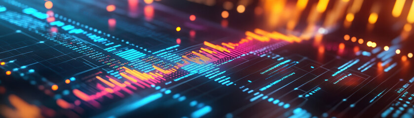 Poster - vibrant digital visualization of data analytics with neon lights and abstract patterns, illustrating