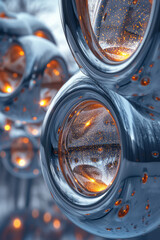 Aufkleber - A 3D element of suspended, interlocking metallic rings with glowing inner surfaces,