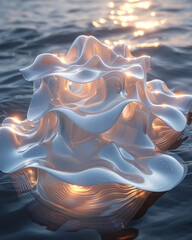 Aufkleber - A surreal 3D object made of layered, rippling sheets of metallic liquid,