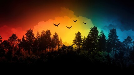 A vibrant sunset over a serene forest, with silhouettes of trees and birds flying across a colorful sky.