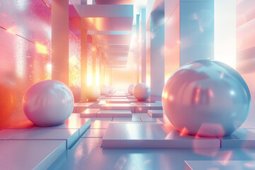 Aufkleber - an abstract arrangement of floating 3d geometric shapes like cubes and spheres,