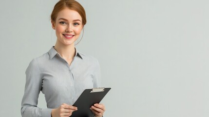 Poster - A woman is smiling and holding a clipboard