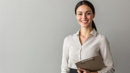 Poster - A woman is smiling and holding a clipboard
