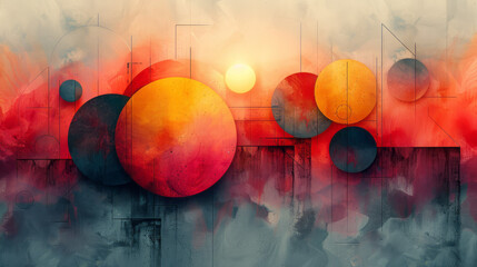 Aufkleber - An abstract arrangement of geometric shapes, such as circles, triangles, and rectangles,