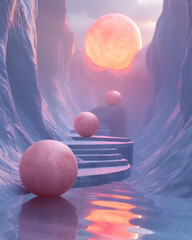 Aufkleber - a geometric landscape of 3d cones and spheres,