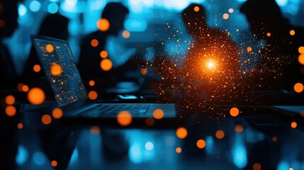 Fototapete - An abstract representation of a digital workspace with glowing particles, symbolizing innovation and creativity in technology.