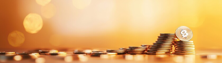 Poster - Close-up of stacked coins with a warm golden background, symbolizing wealth, savings, and financial growth.