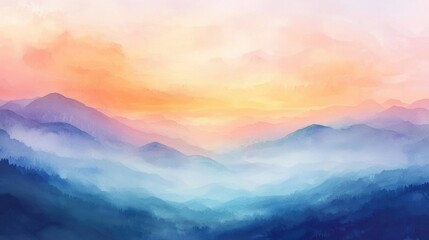 a serene watercolor landscape featuring mountains under a colorful sunset, blending hues of blue, or