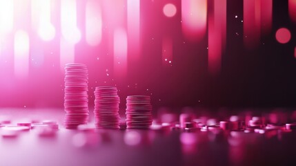 Poster - Creative composition of stacked coins over a colorful, blurred background, evoking themes of finance and modern economy.