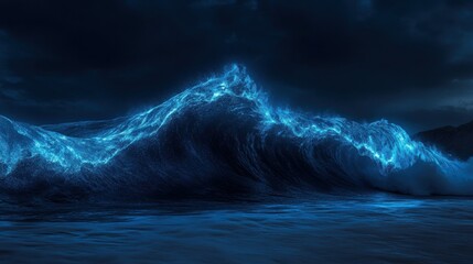 A stunning blue wave illuminated by moonlight, crashing against a dark sky, showcasing the beauty of nature's power.