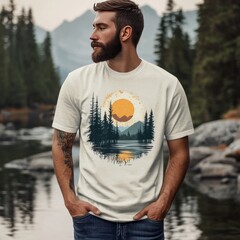 Sticker - Man wearing a nature-themed t-shirt by a serene lake.