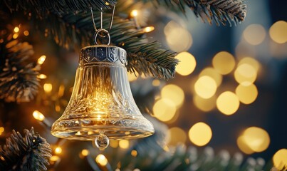 Wall Mural - A glass bell hanging from a Christmas tree