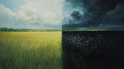 split landscape showing serene, tranquil meadow on one side, with dark, stormy chaos on the other, s