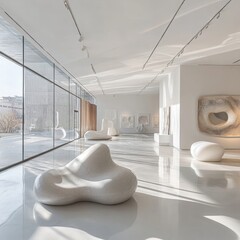 Poster - Modern art gallery featuring abstract sculptures and natural light.