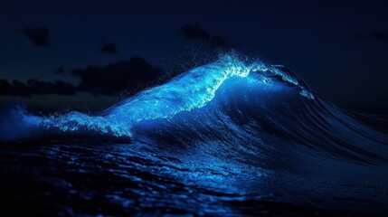 A stunning ocean wave illuminated by ethereal blue light, creating a magical and tranquil atmosphere at night.