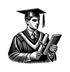 man graduate diploma engraving black and white outline