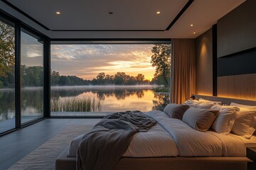 Canvas Print - Modern bedroom with a serene lakeside view at sunset.