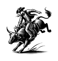 Wall Mural - cowboy rodeo bull engraving black and white outline