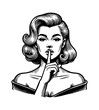 © slowbuzzstudio - woman with silence hand gesture engraving black and white outline