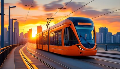 Sunrise illuminates modern orange tram on urban track amidst city buildings