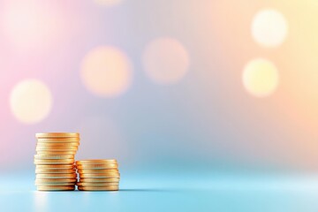 Poster - Stacks of golden coins with a soft bokeh background, symbolizing wealth and prosperity, ideal for finance and investment themes.
