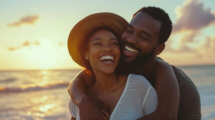 Wall Mural - A joyful couple embraces at sunset by the beach, smiling and enjoying their time together