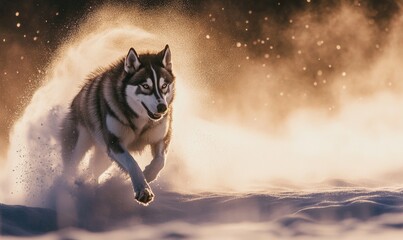 A dog is running through the snow, leaving a trail of white powder behind it