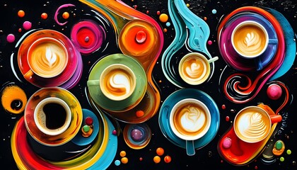 Wall Mural - Vibrant abstract coffee art featuring swirling patterns and cups against a dark backdrop