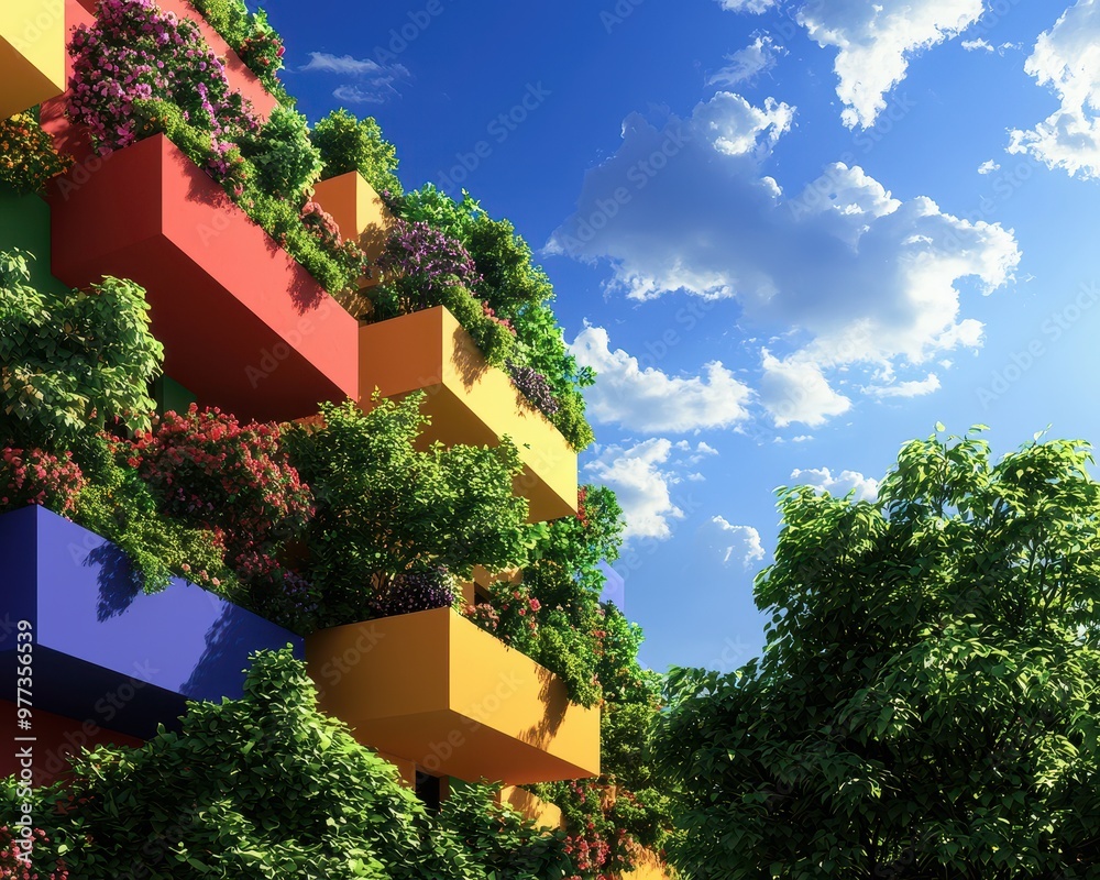Vibrant urban architecture with colorful plants and greenery under a ...