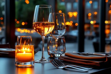 A candlelit dinner scene, with soft, flickering light reflecting off wine glasses and silverware