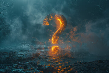 Poster - A 3D metallic question mark standing upright on a reflective surface,